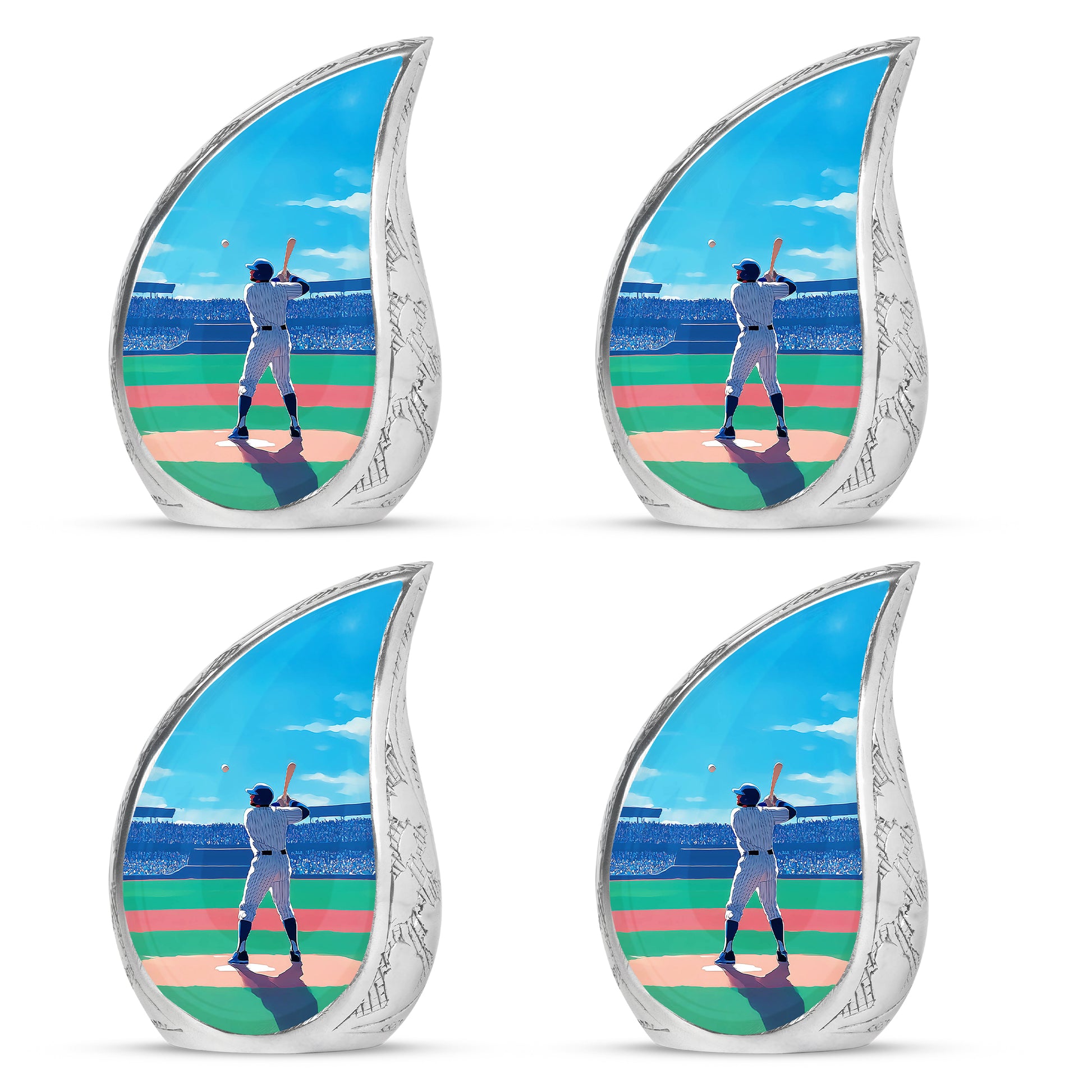 Twilight Blue Baseball Cremation Urn close-up of engraving and surface detail - graceful tear-shaped urn with baseball motif - 10 inch aluminum urn for cremated remains