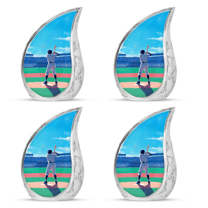 Twilight Blue Baseball Cremation Urn close-up of engraving and surface detail - graceful tear-shaped urn with baseball motif - 10 inch aluminum urn for cremated remains
