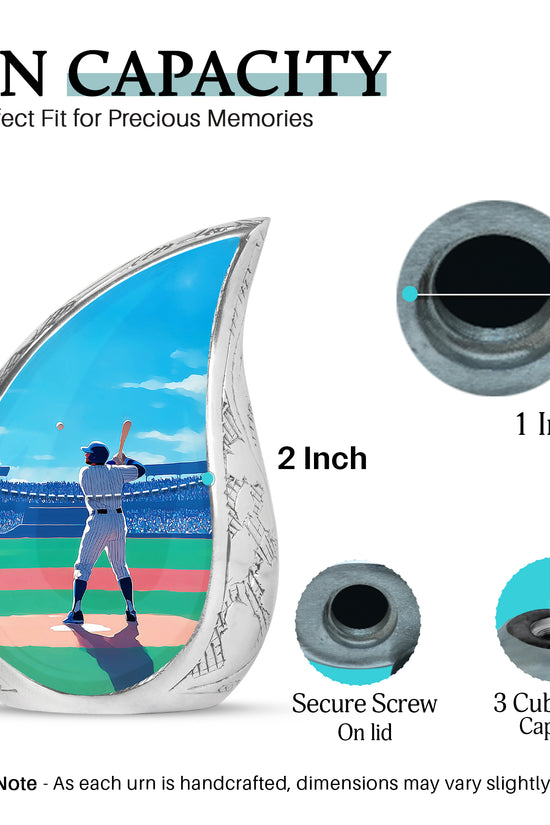 Serene Blue Baseball Cremation Urn angled view of lid and engraved motif - graceful tear-shaped urn with baseball motif - mini keepsake memorial for portion of cremation ashes