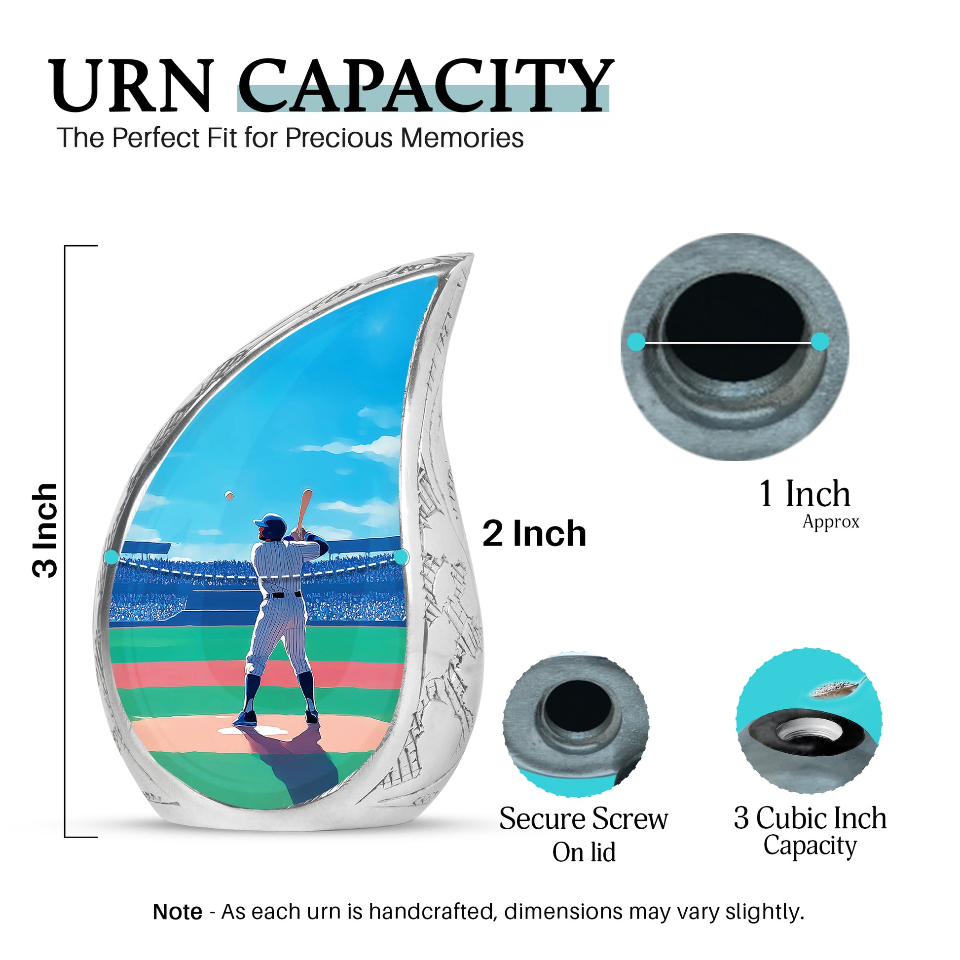 Serene Blue Baseball Cremation Urn angled view of lid and engraved motif - graceful tear-shaped urn with baseball motif - mini keepsake memorial for portion of cremation ashes
