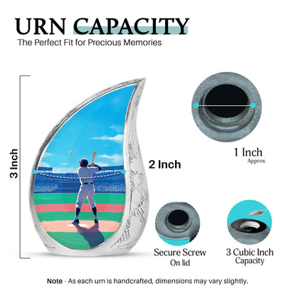 Serene Blue Baseball Cremation Urn angled view of lid and engraved motif - graceful tear-shaped urn with baseball motif - mini keepsake memorial for portion of cremation ashes
