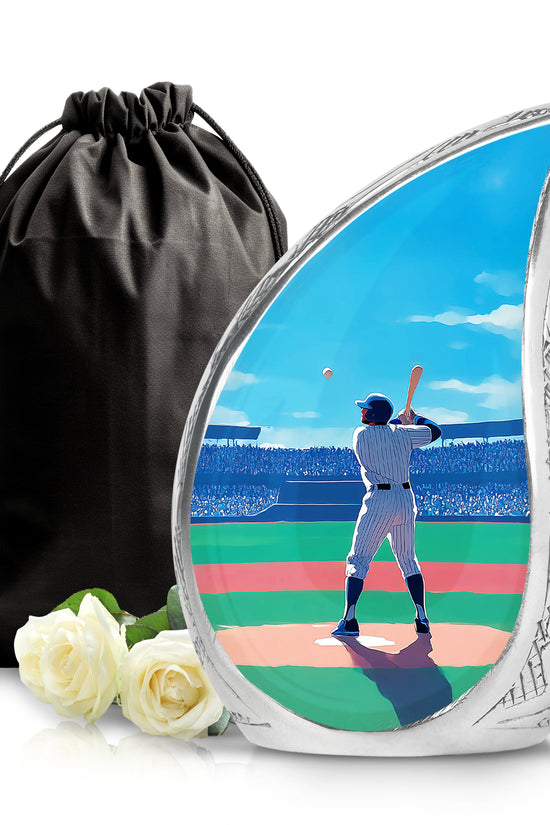Vivid Blue Baseball Cremation Urn front view showing detailed design - graceful tear-shaped urn with baseball motif - full-size 10 inch 200 cubic inch adult cremation urn