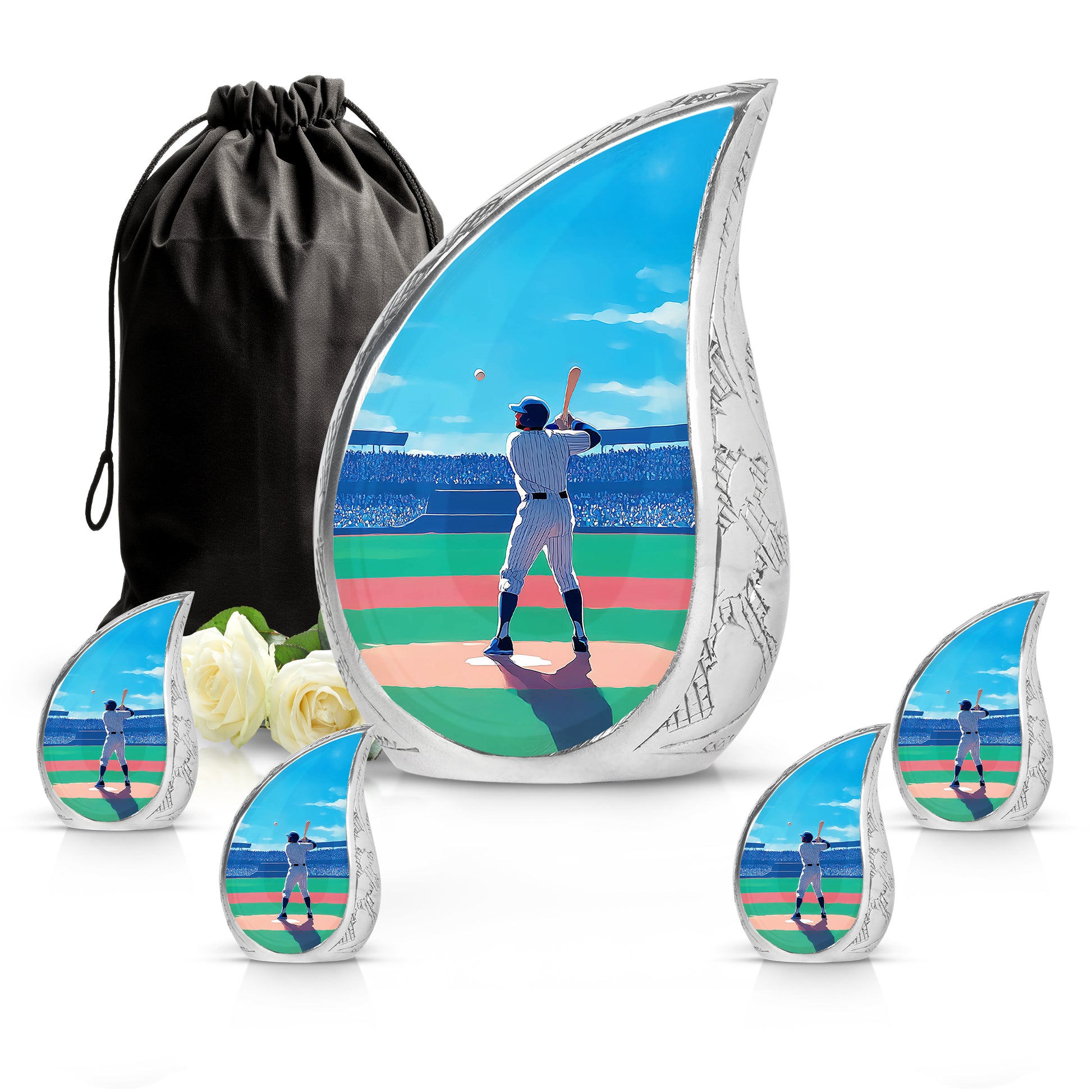 Azure Baseball Cremation Urn side profile showing urn shape - flowing teardrop baseball silhouette on curved aluminum - memorial set with one large and four small urns