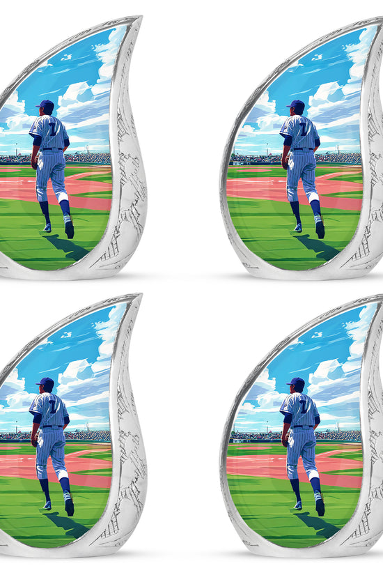 Sapphire Blue Baseball Cremation Urn close-up of engraving and surface detail - graceful tear-shaped urn with baseball motif - 10 inch aluminum urn for cremated remains