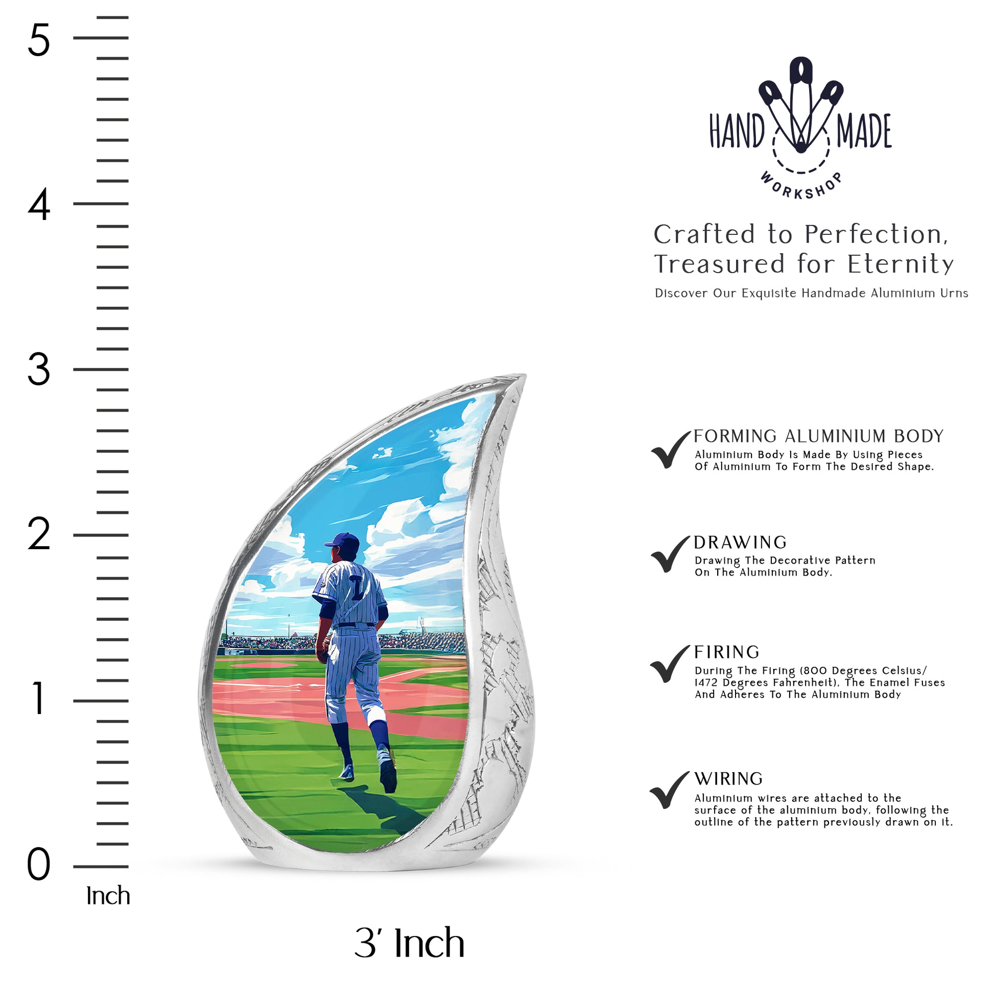 Soft Blue Baseball Cremation Urn angled view of lid and engraved motif - graceful tear-shaped urn with baseball motif - mini keepsake memorial for portion of cremation ashes