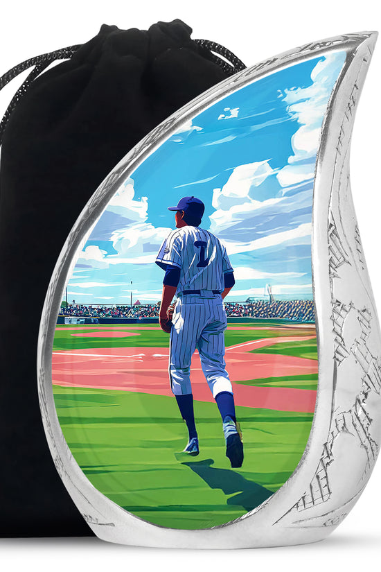 Powder Blue Baseball Cremation Urn front view showing detailed design - rounded teardrop baseball design with delicate detail - full-size 10 inch 200 cubic inch adult cremation urn