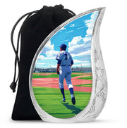 Powder Blue Baseball Cremation Urn front view showing detailed design - rounded teardrop baseball design with delicate detail - full-size 10 inch 200 cubic inch adult cremation urn