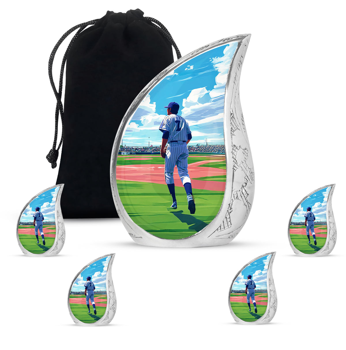 Dusty Blue Baseball Cremation Urn side profile showing urn shape - rounded teardrop baseball design with delicate detail - memorial set with one large and four small urns