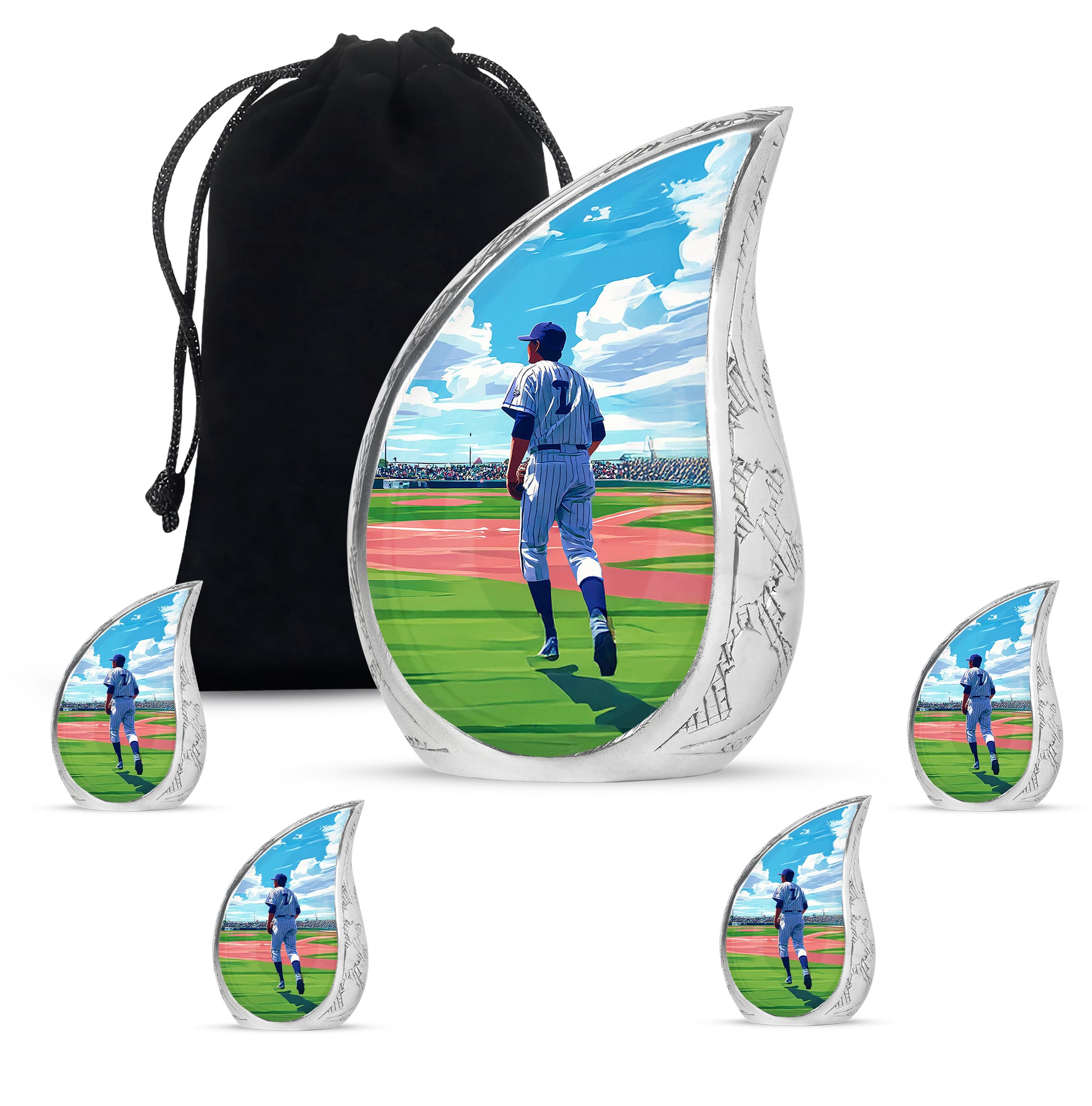 Dusty Blue Baseball Cremation Urn side profile showing urn shape - rounded teardrop baseball design with delicate detail - memorial set with one large and four small urns