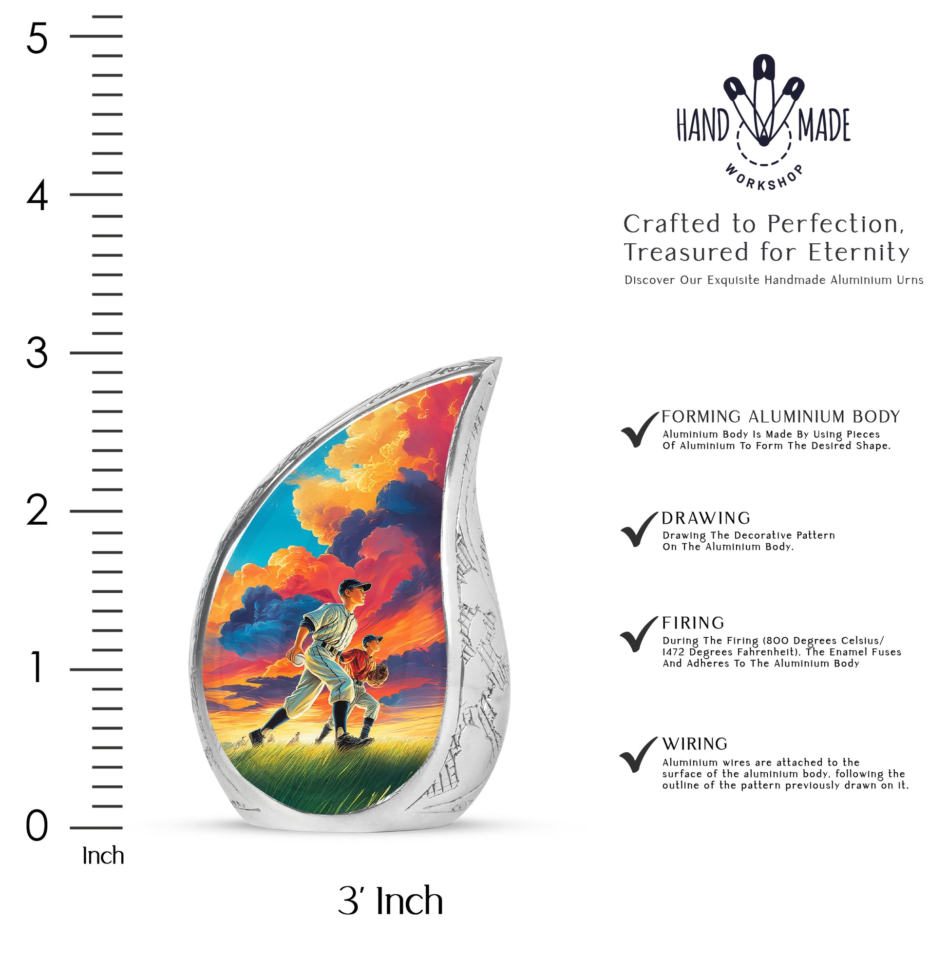 Misty Blue Baseball Cremation Urn angled view of lid and engraved motif - rounded teardrop baseball design with delicate detail - mini keepsake memorial for portion of cremation ashes