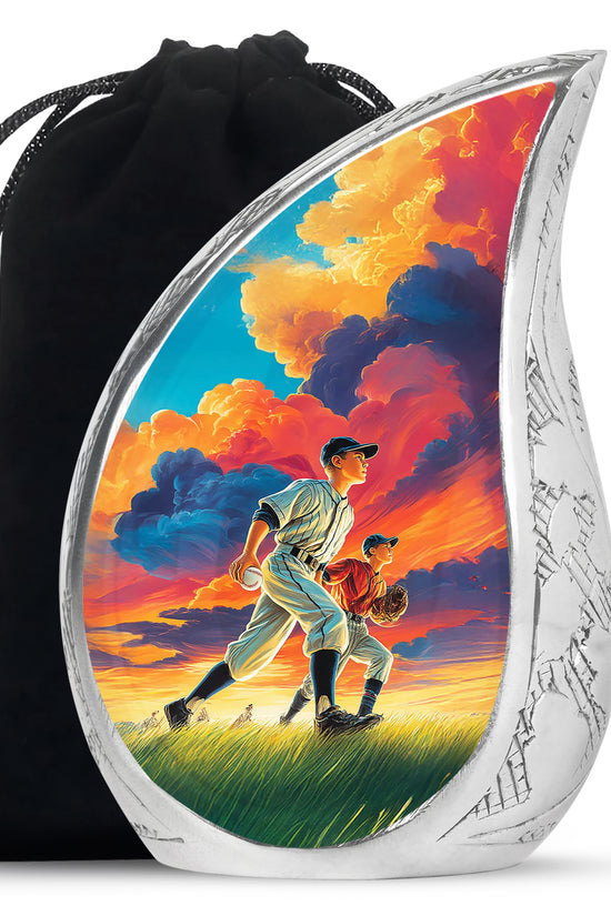Vivid Blue Baseball Cremation Urn front view showing detailed design - graceful tear-shaped urn with baseball motif - full-size 10 inch 200 cubic inch adult cremation urn