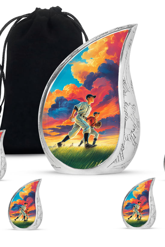 Twilight Blue Baseball Cremation Urn side profile showing urn shape - smooth teardrop contour featuring baseball art - memorial set with one large and four small urns