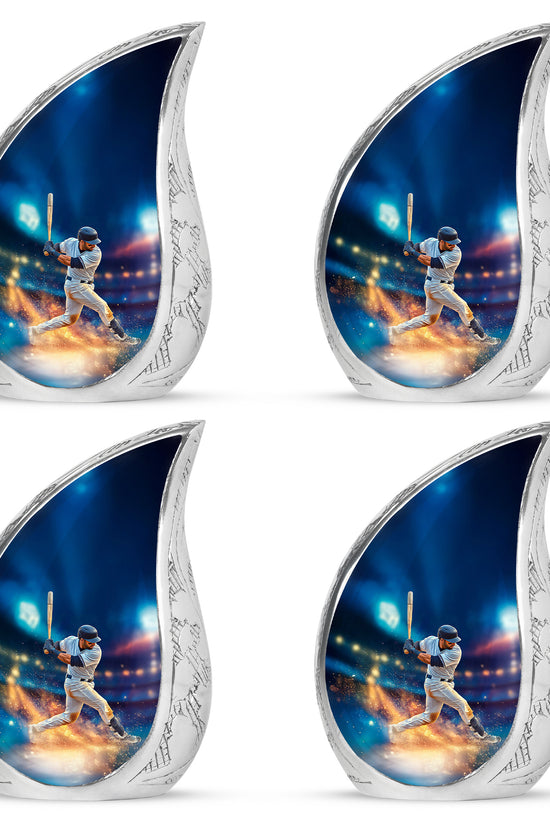Sky Blue Baseball Cremation Urn close-up of engraving and surface detail - flowing teardrop baseball silhouette on curved aluminum - 10 inch aluminum urn for cremated remains