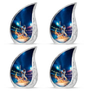 Sky Blue Baseball Cremation Urn close-up of engraving and surface detail - flowing teardrop baseball silhouette on curved aluminum - 10 inch aluminum urn for cremated remains