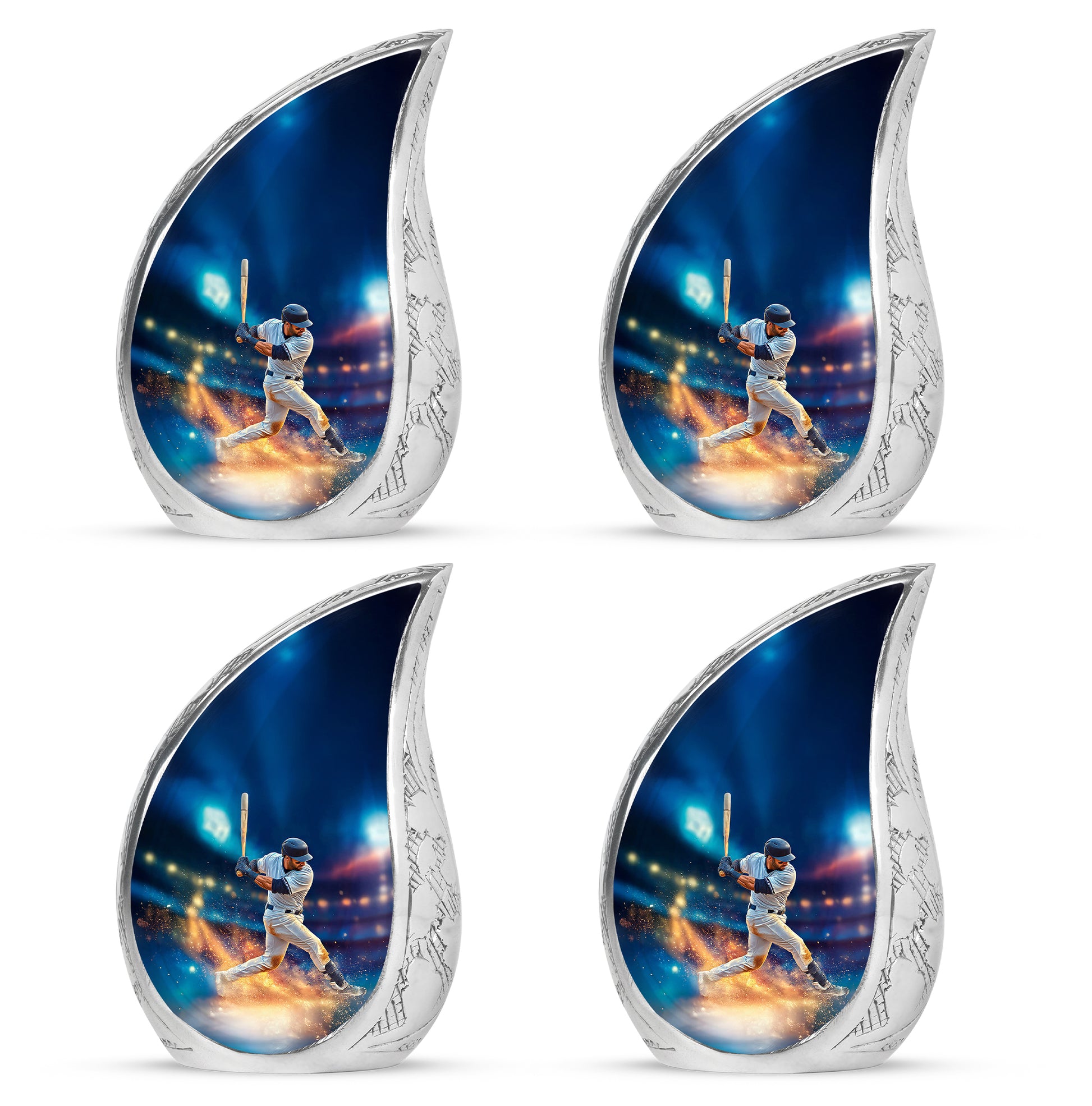 Sky Blue Baseball Cremation Urn close-up of engraving and surface detail - flowing teardrop baseball silhouette on curved aluminum - 10 inch aluminum urn for cremated remains