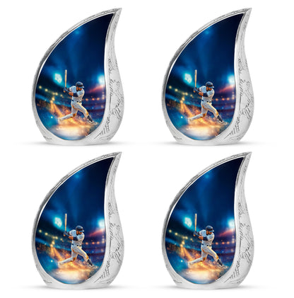 Sky Blue Baseball Cremation Urn close-up of engraving and surface detail - flowing teardrop baseball silhouette on curved aluminum - 10 inch aluminum urn for cremated remains