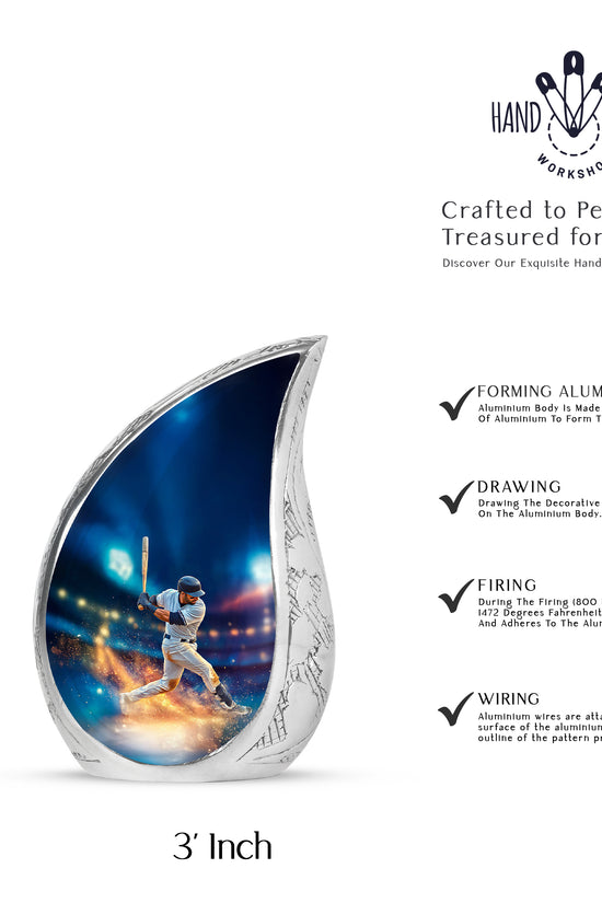Powder Blue Baseball Cremation Urn angled view of lid and engraved motif - rounded teardrop baseball design with delicate detail - mini keepsake memorial for portion of cremation ashes