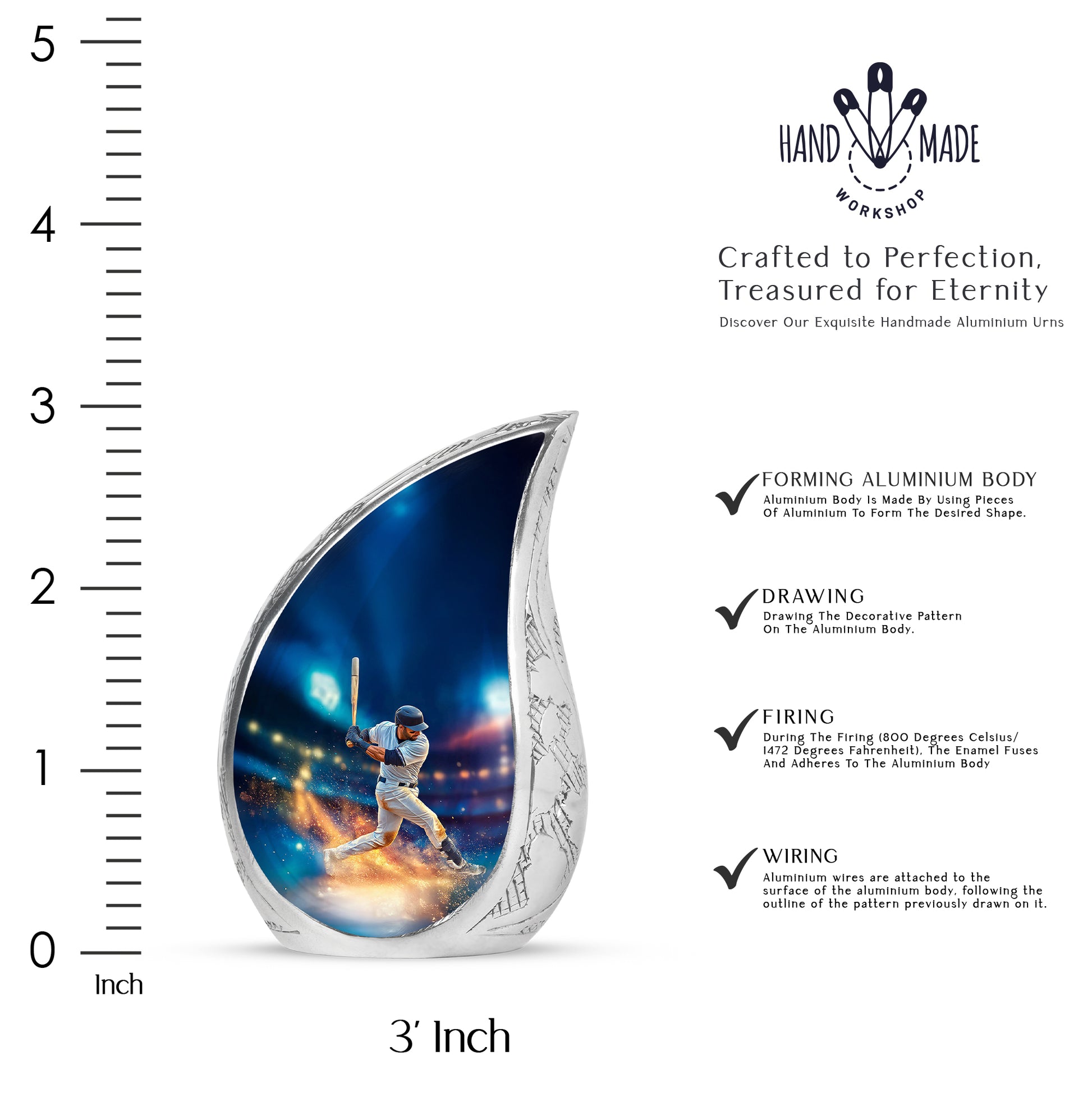 Powder Blue Baseball Cremation Urn angled view of lid and engraved motif - rounded teardrop baseball design with delicate detail - mini keepsake memorial for portion of cremation ashes