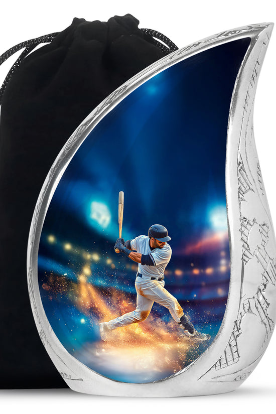 Pastel Blue Baseball Cremation Urn front view showing detailed design - rounded teardrop baseball design with delicate detail - full-size 10 inch 200 cubic inch adult cremation urn