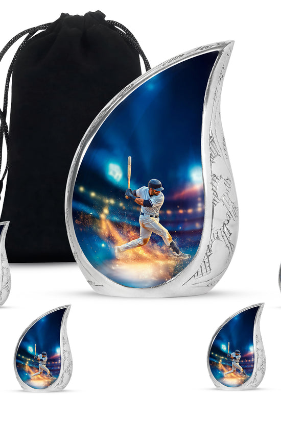 Vivid Blue Baseball Cremation Urn side profile showing urn shape - graceful tear-shaped urn with baseball motif - memorial set with one large and four small urns