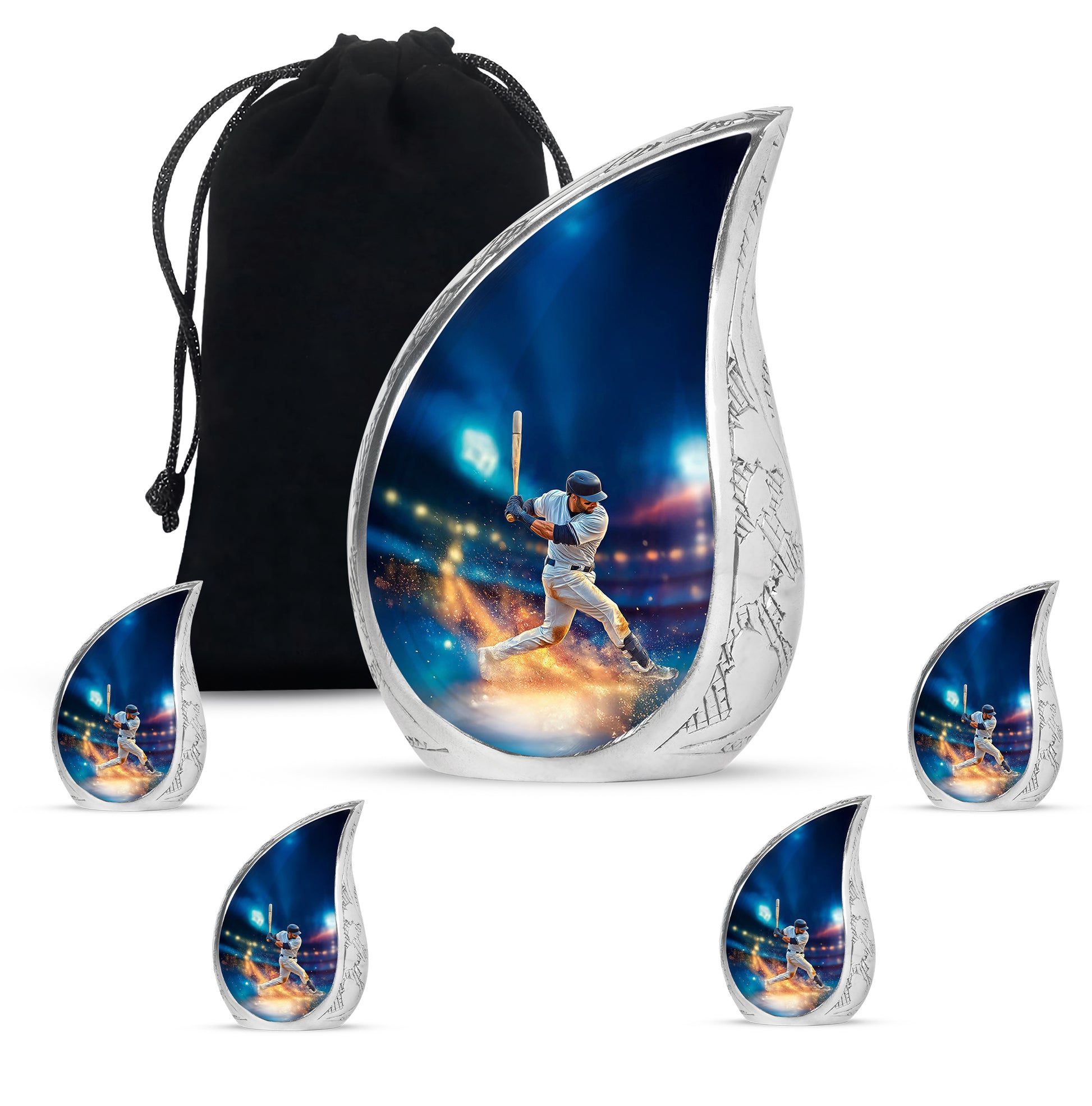 Vivid Blue Baseball Cremation Urn side profile showing urn shape - graceful tear-shaped urn with baseball motif - memorial set with one large and four small urns