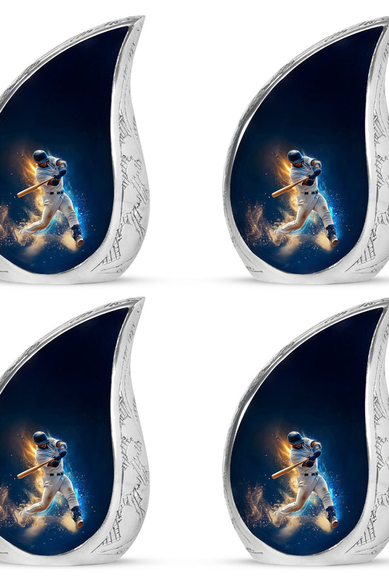 Navy Blue Baseball Cremation Urn close-up of engraving and surface detail - flowing teardrop baseball silhouette on curved aluminum - 10 inch aluminum urn for cremated remains