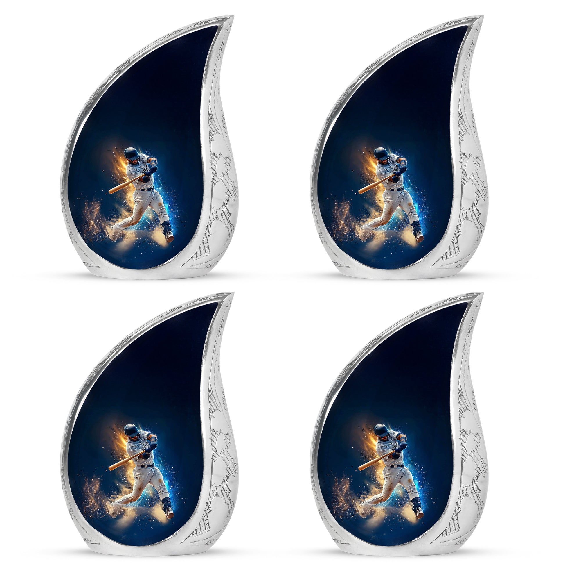 Navy Blue Baseball Cremation Urn close-up of engraving and surface detail - flowing teardrop baseball silhouette on curved aluminum - 10 inch aluminum urn for cremated remains