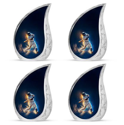 Navy Blue Baseball Cremation Urn close-up of engraving and surface detail - flowing teardrop baseball silhouette on curved aluminum - 10 inch aluminum urn for cremated remains