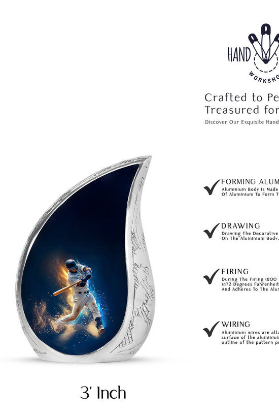 Azure Baseball Cremation Urn angled view of lid and engraved motif - flowing teardrop baseball silhouette on curved aluminum - mini keepsake memorial for portion of cremation ashes