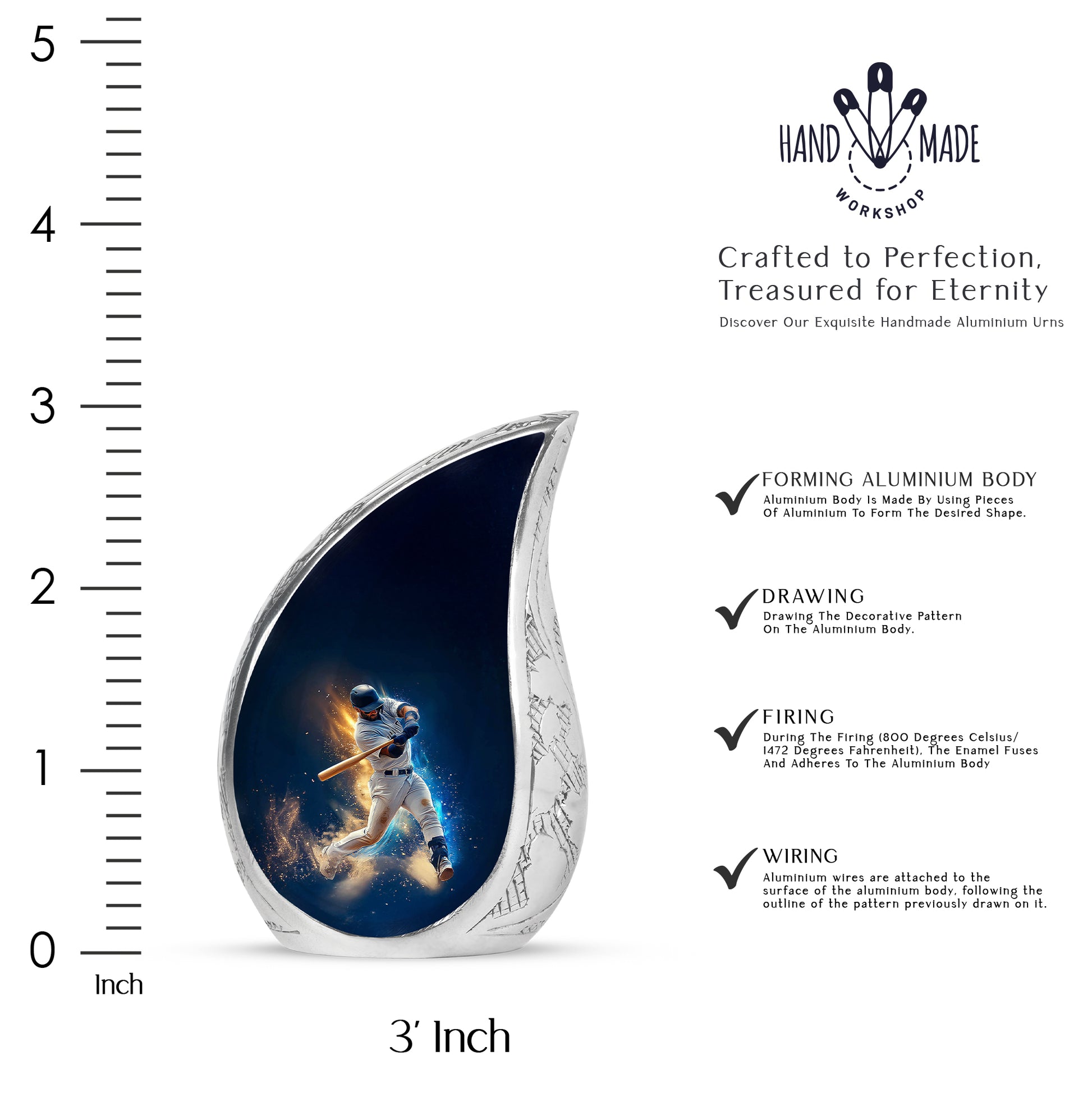 Azure Baseball Cremation Urn angled view of lid and engraved motif - flowing teardrop baseball silhouette on curved aluminum - mini keepsake memorial for portion of cremation ashes