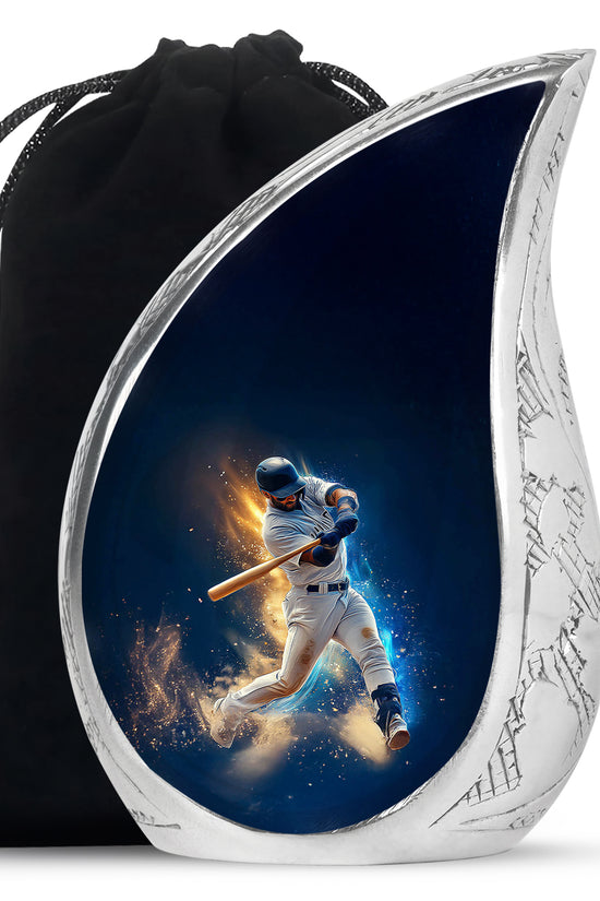 Royal Blue Baseball Cremation Urn front view showing detailed design - graceful tear-shaped urn with baseball motif - full-size 10 inch 200 cubic inch adult cremation urn