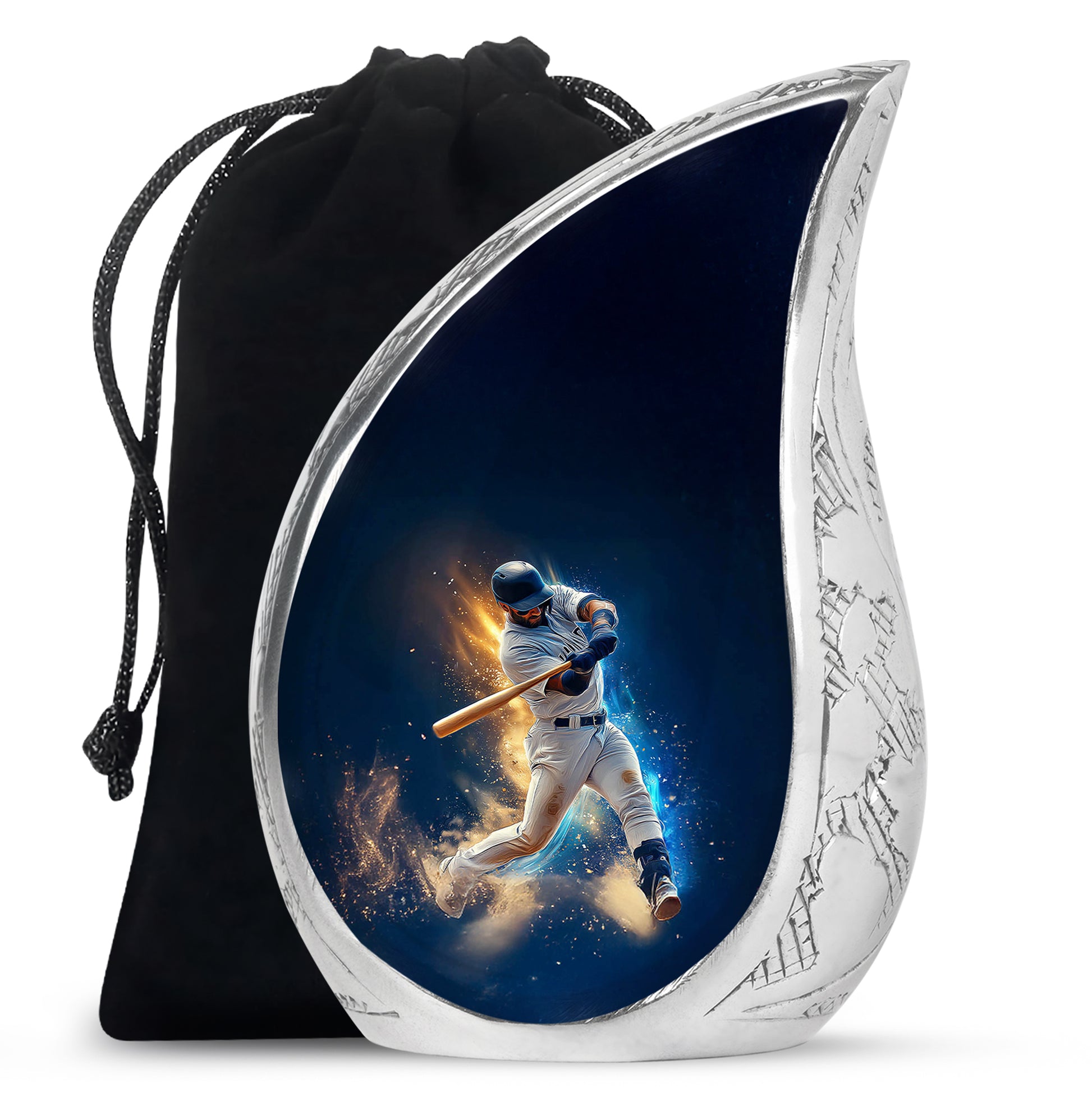 Royal Blue Baseball Cremation Urn front view showing detailed design - graceful tear-shaped urn with baseball motif - full-size 10 inch 200 cubic inch adult cremation urn