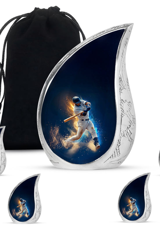 Steel Blue Baseball Cremation Urn side profile showing urn shape - graceful tear-shaped urn with baseball motif - memorial set with one large and four small urns