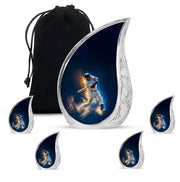 Steel Blue Baseball Cremation Urn side profile showing urn shape - graceful tear-shaped urn with baseball motif - memorial set with one large and four small urns