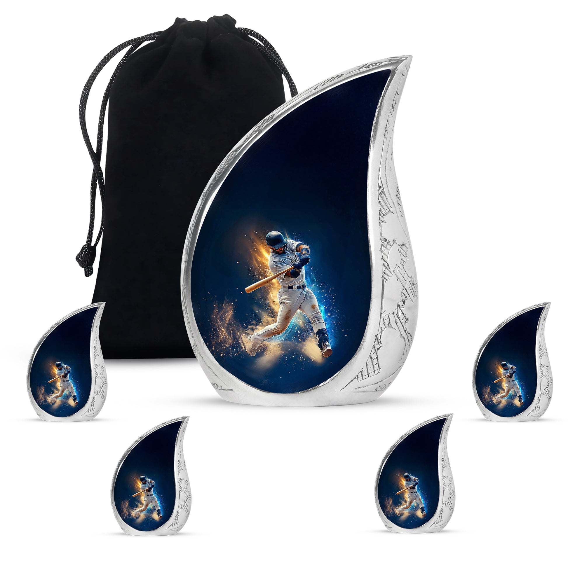 Steel Blue Baseball Cremation Urn side profile showing urn shape - graceful tear-shaped urn with baseball motif - memorial set with one large and four small urns
