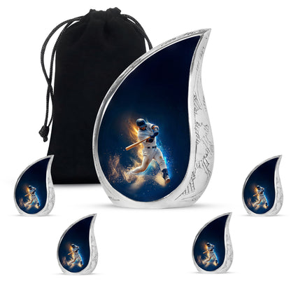 Steel Blue Baseball Cremation Urn side profile showing urn shape - graceful tear-shaped urn with baseball motif - memorial set with one large and four small urns