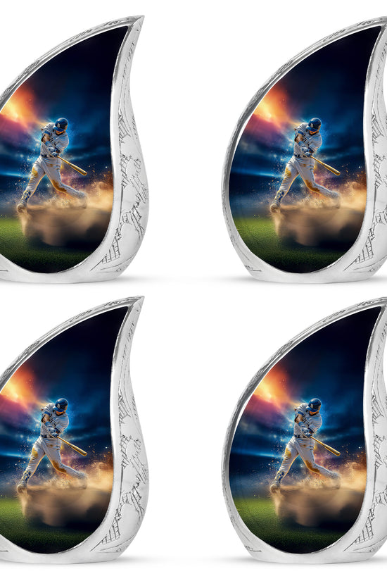 Celestial Blue Baseball Cremation Urn close-up of engraving and surface detail - flowing teardrop baseball silhouette on curved aluminum - 10 inch aluminum urn for cremated remains