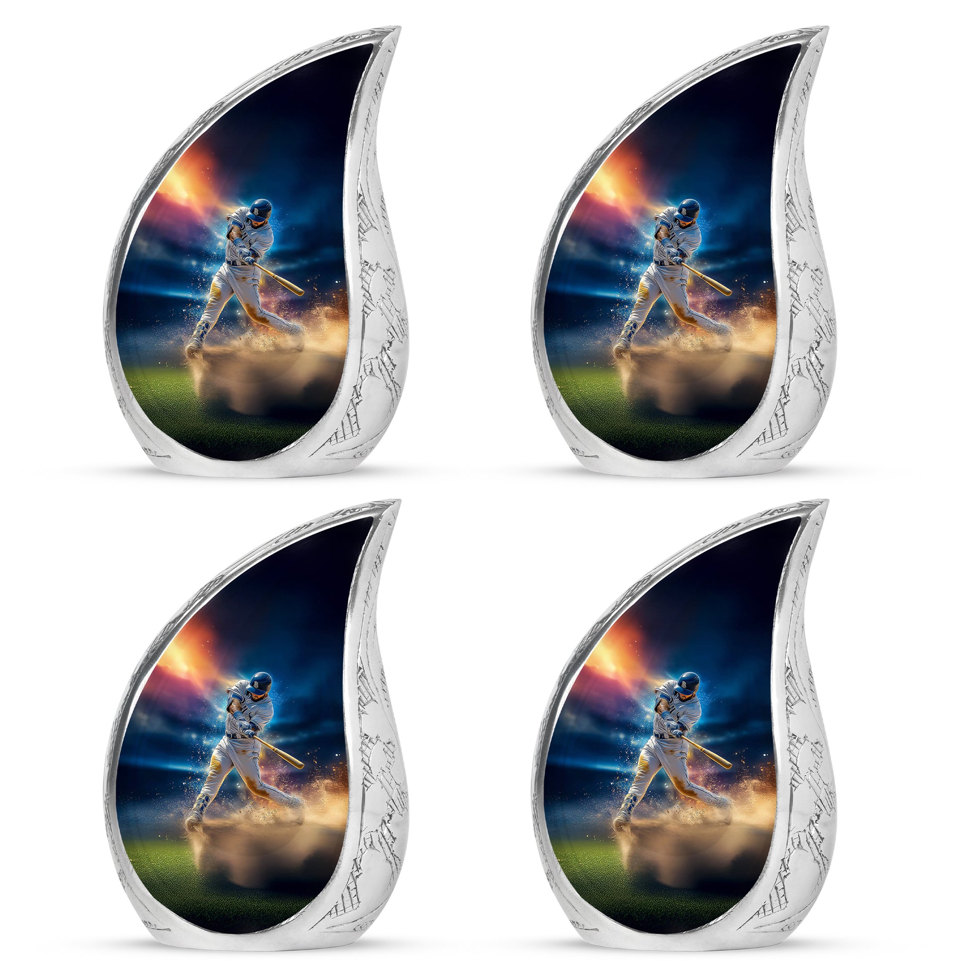Celestial Blue Baseball Cremation Urn close-up of engraving and surface detail - flowing teardrop baseball silhouette on curved aluminum - 10 inch aluminum urn for cremated remains