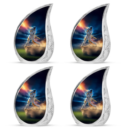 Celestial Blue Baseball Cremation Urn close-up of engraving and surface detail - flowing teardrop baseball silhouette on curved aluminum - 10 inch aluminum urn for cremated remains