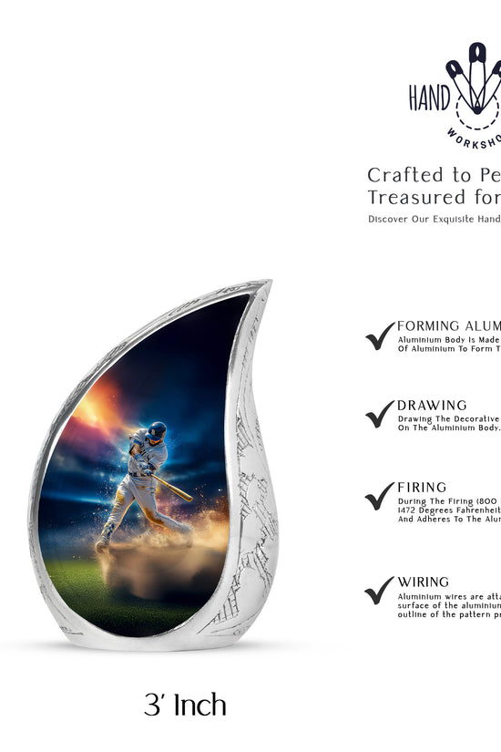 Dusty Blue Baseball Cremation Urn angled view of lid and engraved motif - rounded teardrop baseball design with delicate detail - mini keepsake memorial for portion of cremation ashes
