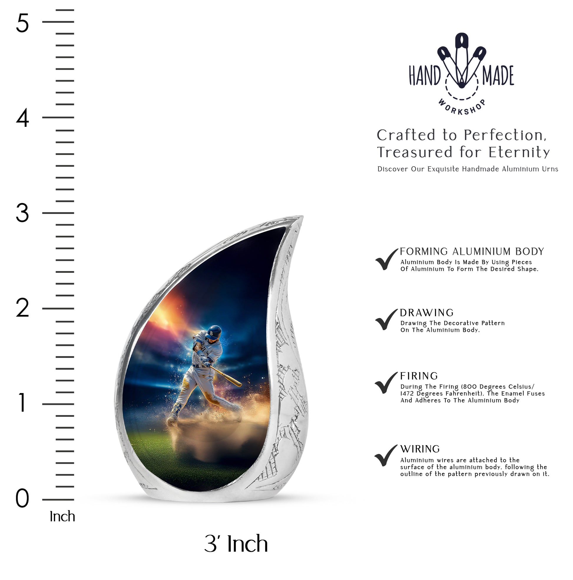 Dusty Blue Baseball Cremation Urn angled view of lid and engraved motif - rounded teardrop baseball design with delicate detail - mini keepsake memorial for portion of cremation ashes