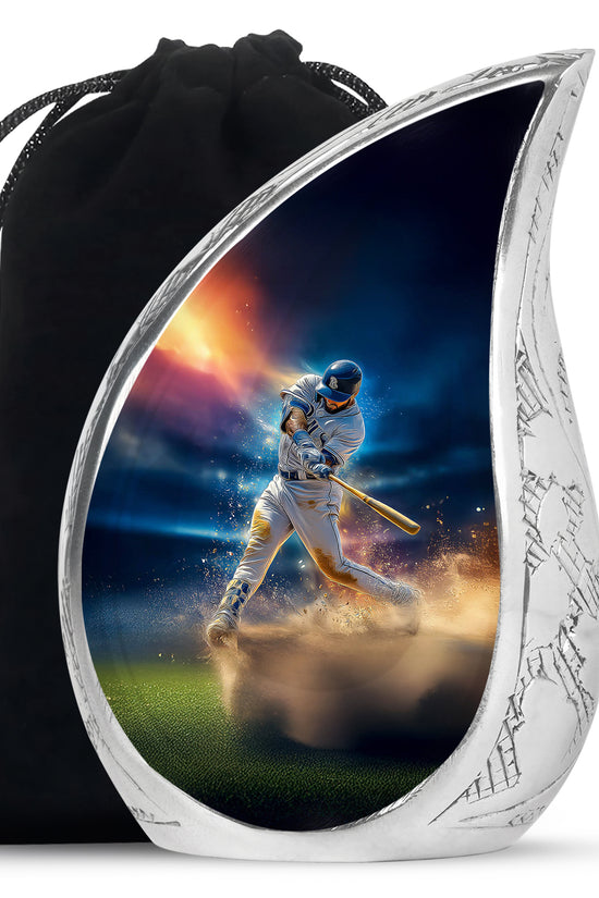 Bright Blue Baseball Cremation Urn front view showing detailed design - smooth teardrop contour featuring baseball art - full-size 10 inch 200 cubic inch adult cremation urn