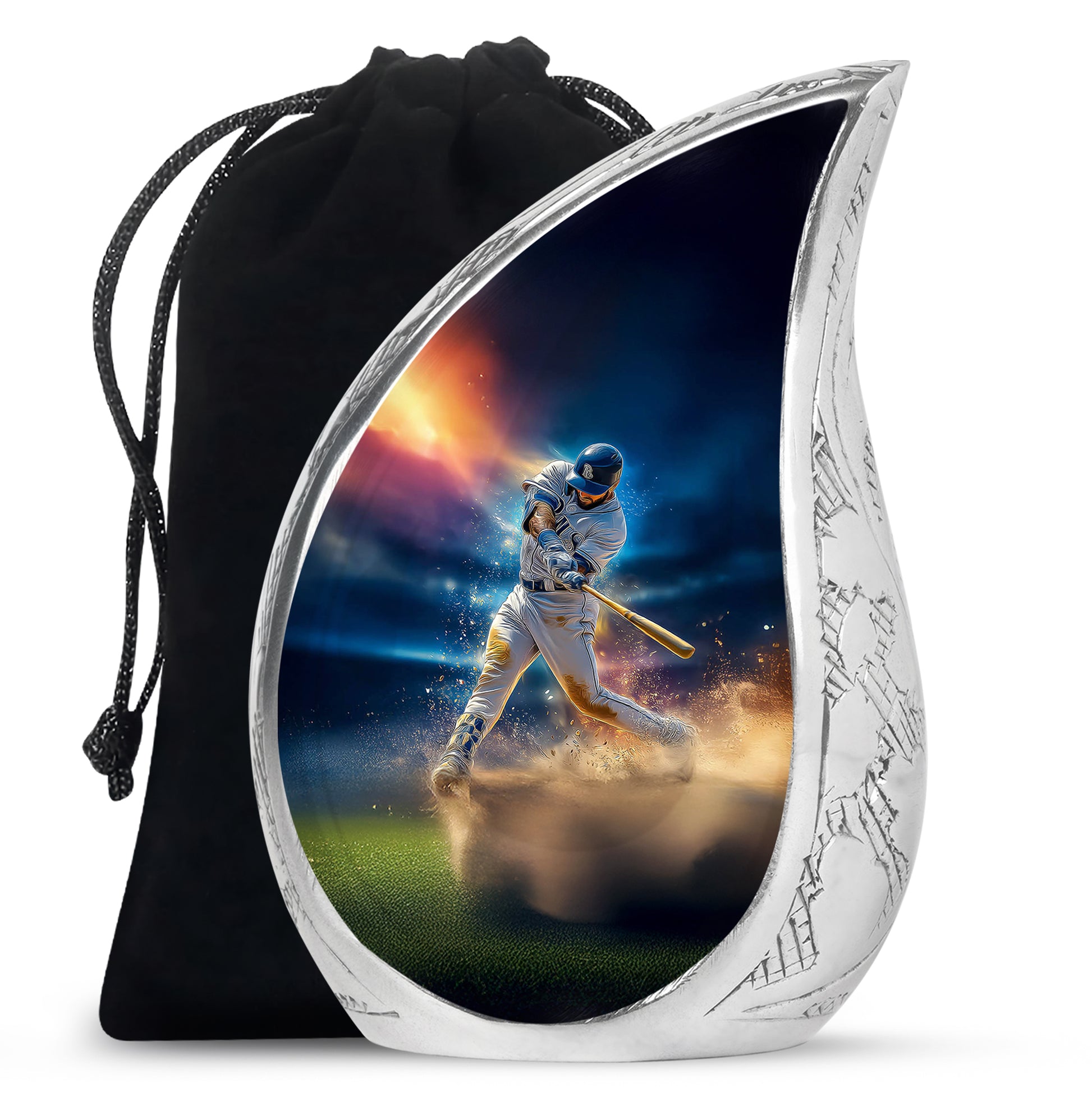 Bright Blue Baseball Cremation Urn front view showing detailed design - smooth teardrop contour featuring baseball art - full-size 10 inch 200 cubic inch adult cremation urn