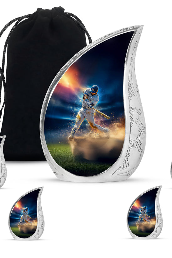 Twilight Blue Baseball Cremation Urn side profile showing urn shape - graceful tear-shaped urn with baseball motif - memorial set with one large and four small urns