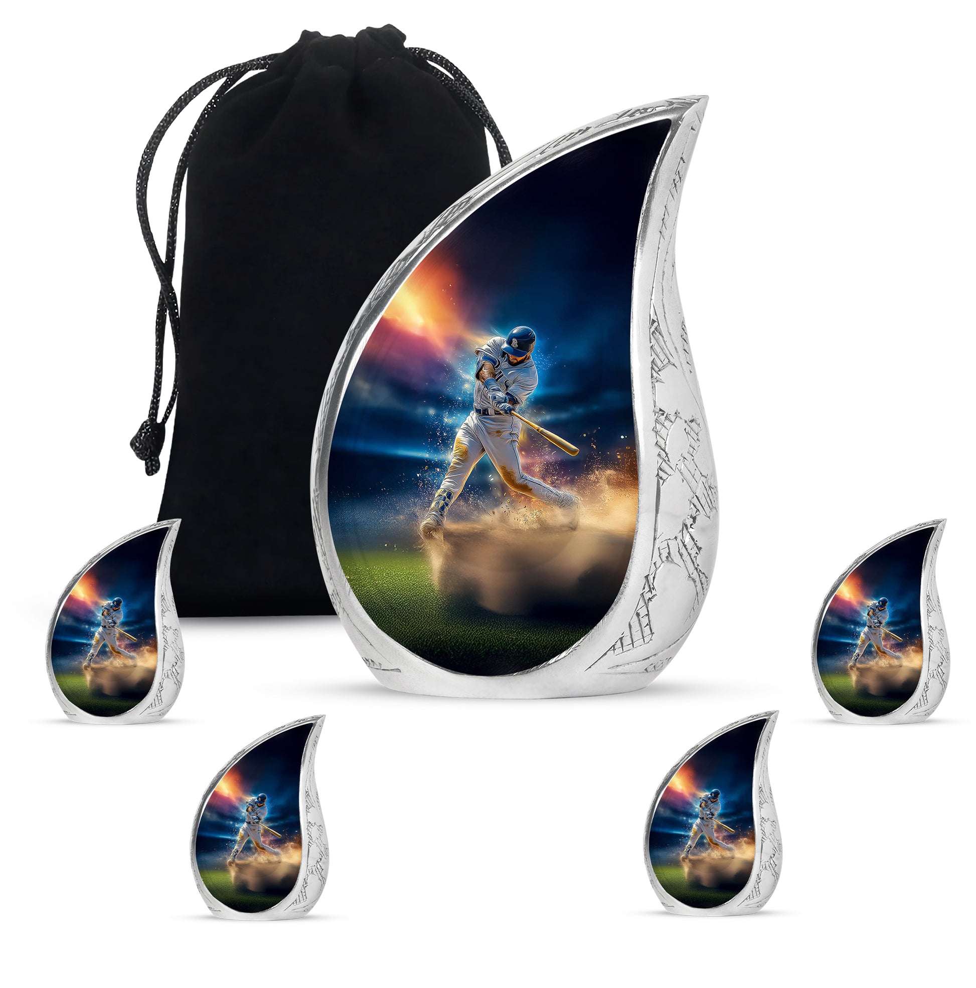 Twilight Blue Baseball Cremation Urn side profile showing urn shape - graceful tear-shaped urn with baseball motif - memorial set with one large and four small urns