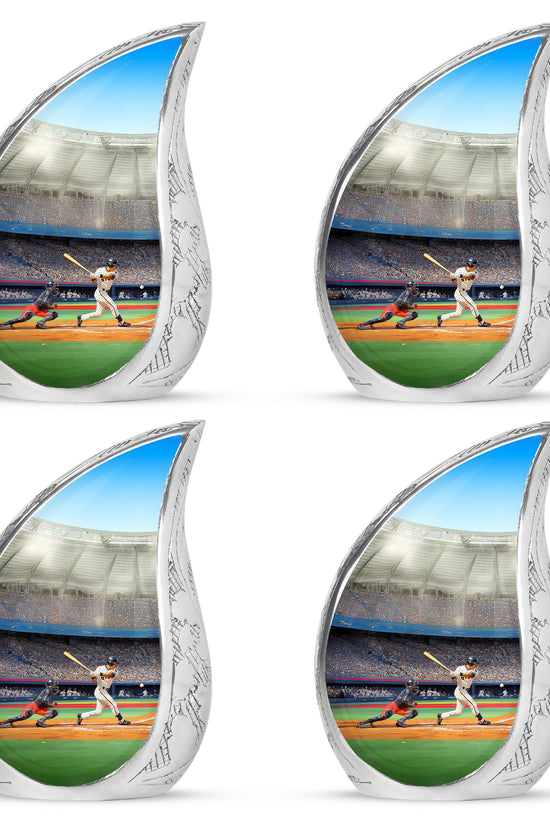 Charcoal Black Baseball Cremation Urn close-up of engraving and surface detail - smooth teardrop contour featuring baseball art - 10 inch aluminum urn for cremated remains
