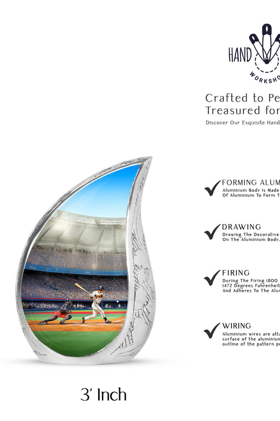 Ebony Baseball Cremation Urn angled view of lid and engraved motif - rounded teardrop baseball design with delicate detail - mini keepsake memorial for portion of cremation ashes