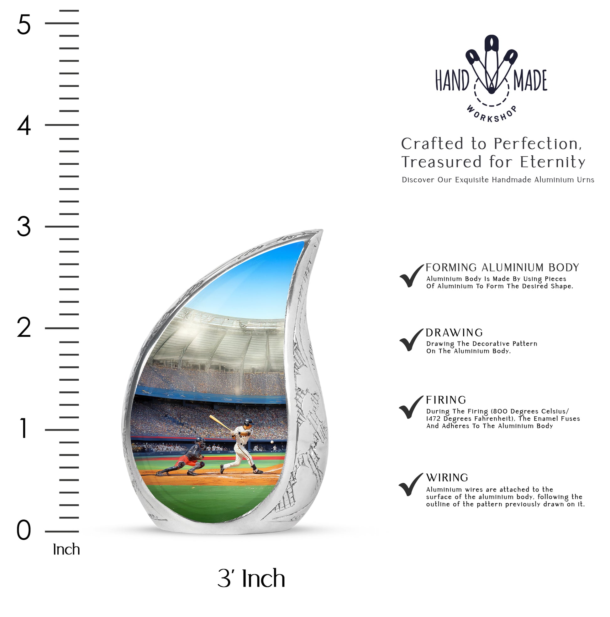 Ebony Baseball Cremation Urn angled view of lid and engraved motif - rounded teardrop baseball design with delicate detail - mini keepsake memorial for portion of cremation ashes
