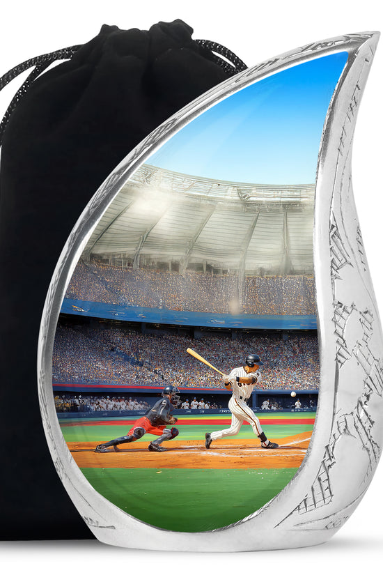 Jet Black Baseball Cremation Urn front view showing detailed design - rounded teardrop baseball design with delicate detail - full-size 10 inch 200 cubic inch adult cremation urn