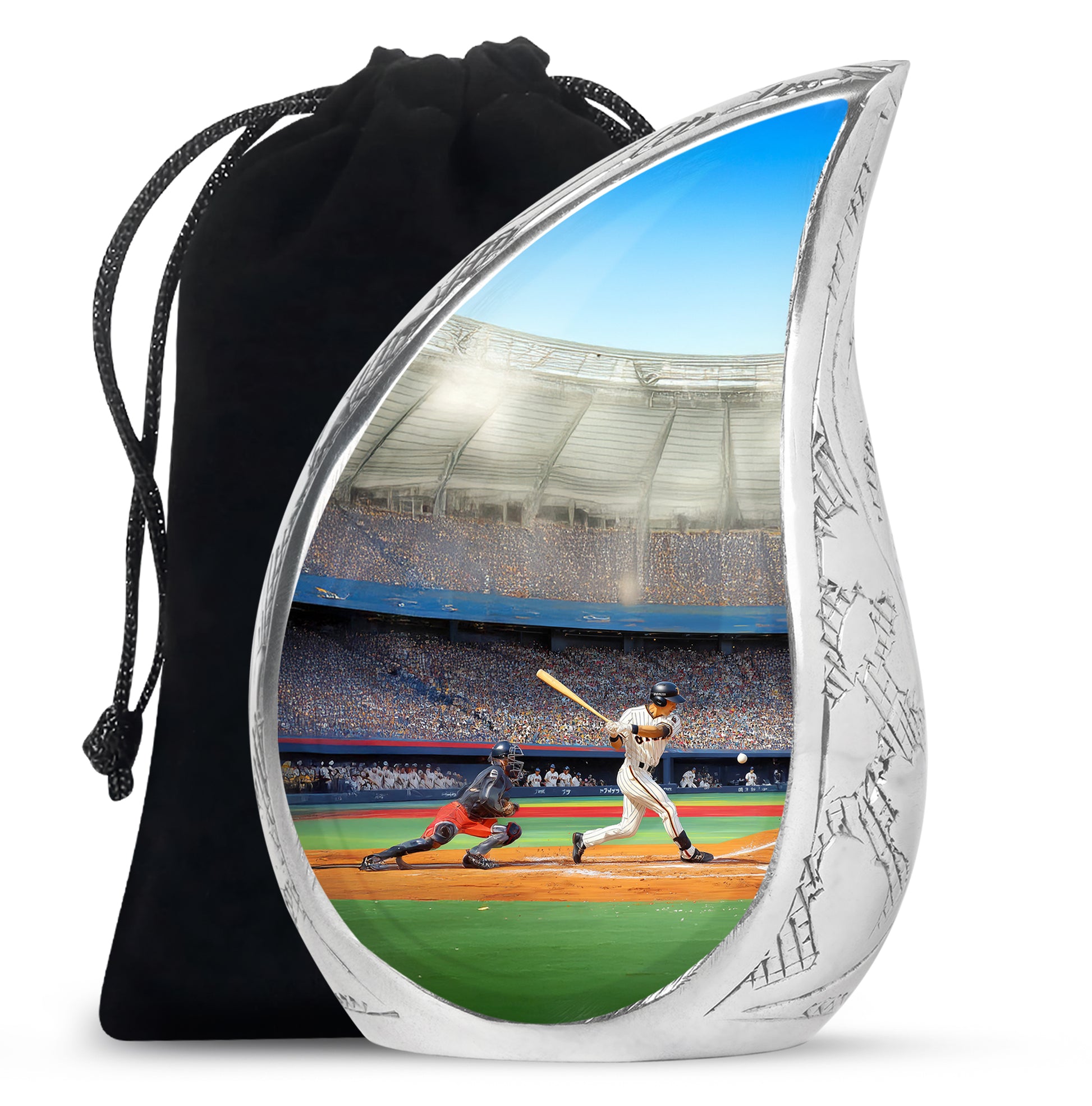 Jet Black Baseball Cremation Urn front view showing detailed design - rounded teardrop baseball design with delicate detail - full-size 10 inch 200 cubic inch adult cremation urn